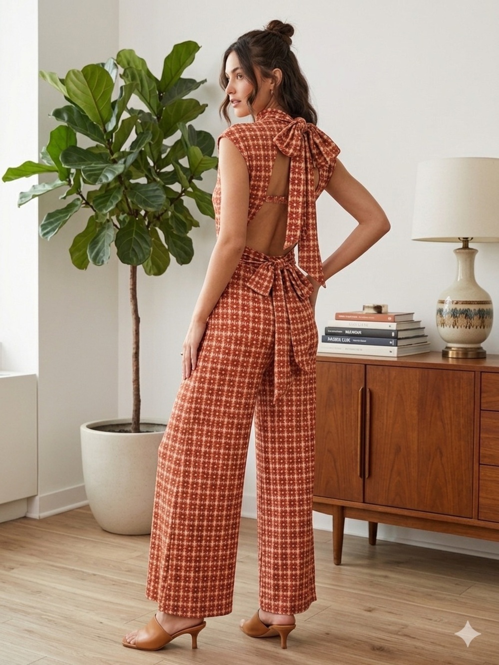 Free People Rust Plaid Tie-Back Wide-Leg Jumpsuit